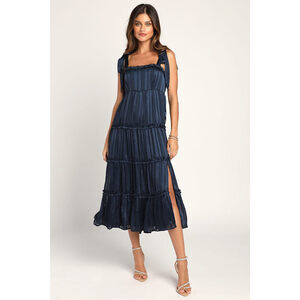 Lulus Day For Romance Navy Blue Tie-strap Tiered Midi Dress - Size L